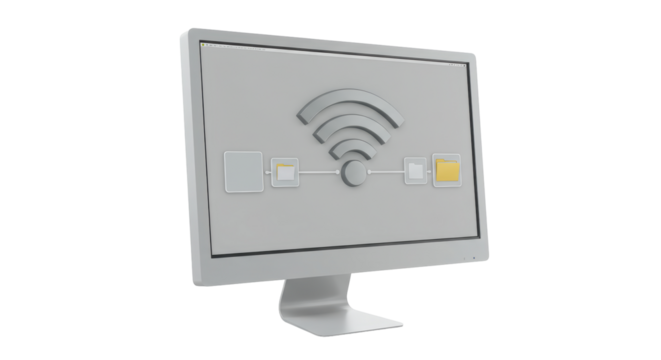 Isolated Computer Screen Displaying WiFi Symbol and Data Transfer