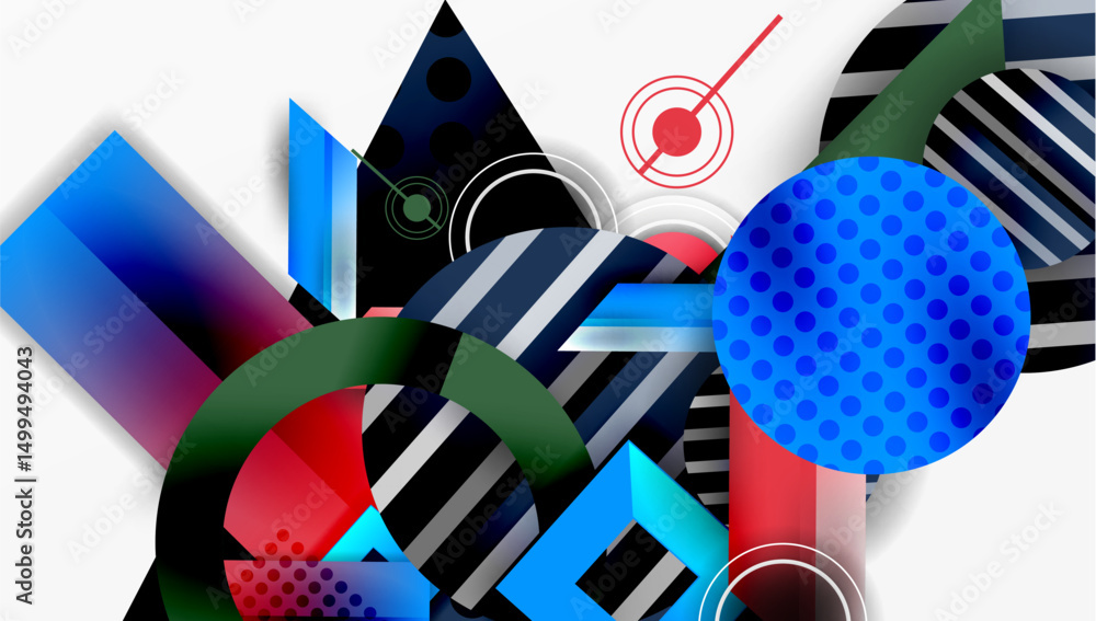 Poster abstract geometric composition. shapes overlap, creating dynamic visual effect. blue, red, black dom