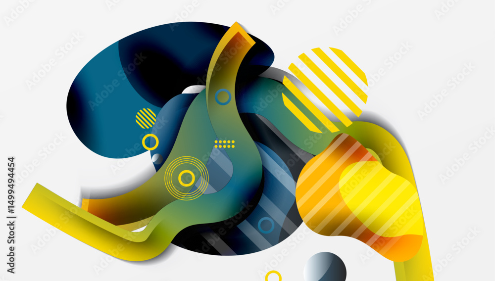 Aufkleber abstract shapes overlap, creating dynamic composition. yellows, blues dominate design. modern aesthe