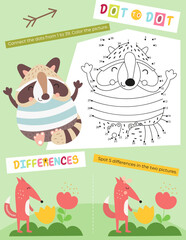 Cute Animals Activity Pages for Kids. Printable Activity Sheet with Forest Animals Mini Games – Dot to dot, spot 5 differences. Vector illustration.