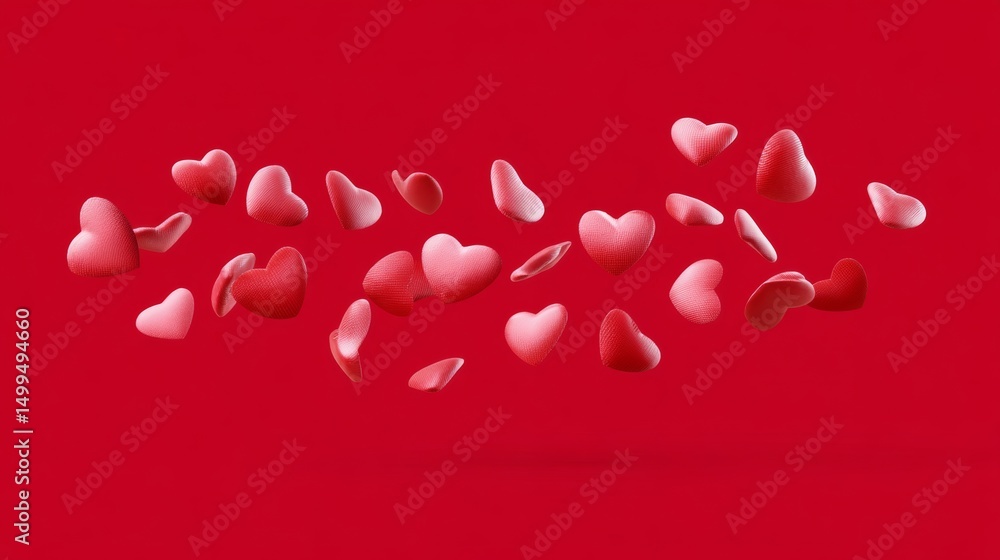 Poster red background with many red hearts floating in the air. the hearts are scattered all over the backg