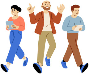 A colorful cartoon illustration of three business people walking in an office setting. Vector graphic.
