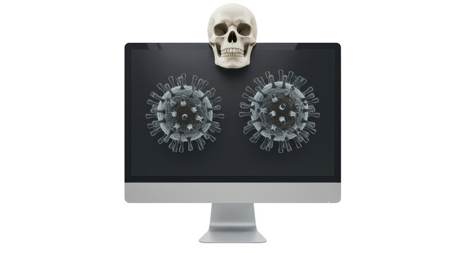Isolated Virus on Monitor with Skull Warning