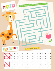 Cute Animals Activity Pages for Kids. Printable Activity Sheet with Giraffe Mini Games – Maze, patterns. Vector illustration.