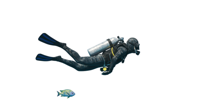 Isolated Scuba Diver Underwater with Tropical Fish