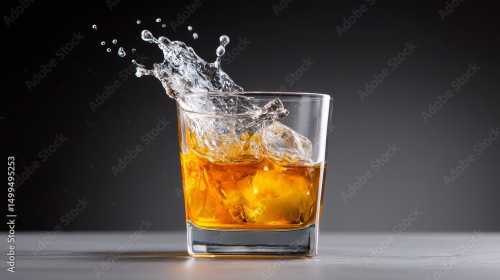 Poster glass of liquor with ice cubes in it is splashing water out of it. concept of fun and excitement, as