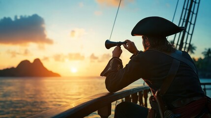 Pirate searching horizon at sunset