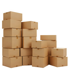 Fototapeta premium Stacks of brown cardboard boxes on a white background, ideal for ideas about storage or packaging. neutral, functional, secluded, and well organized.