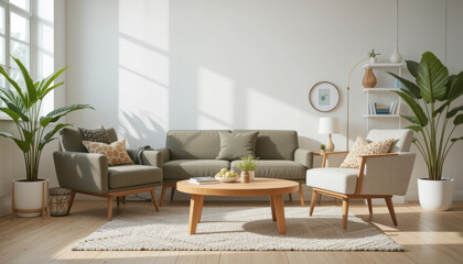 Cozy minimalist living room featuring upcycled furniture, natural light, and greenery creates serene atmosphere