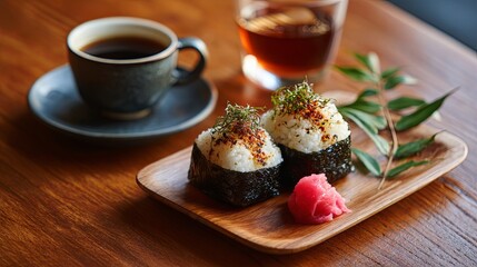 Delicious Onigiri Rice Ball with Nori and Pickled Plum on Wooden Plate