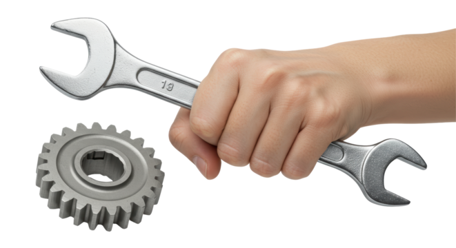 Isolated Wrench and Gear in Hand - Mechanical Concept