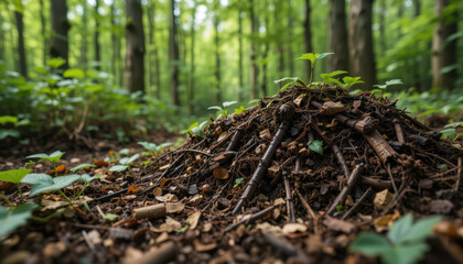Obraz premium Forest floor compost process in macro view, showcasing rich organic material and vibrant greenery, evokes sense of nature renewal