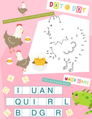 Cute Animals Activity Pages for Kids book. Printable Activity Sheet with Mini Games – dot to dot, word game. Vector illustration.