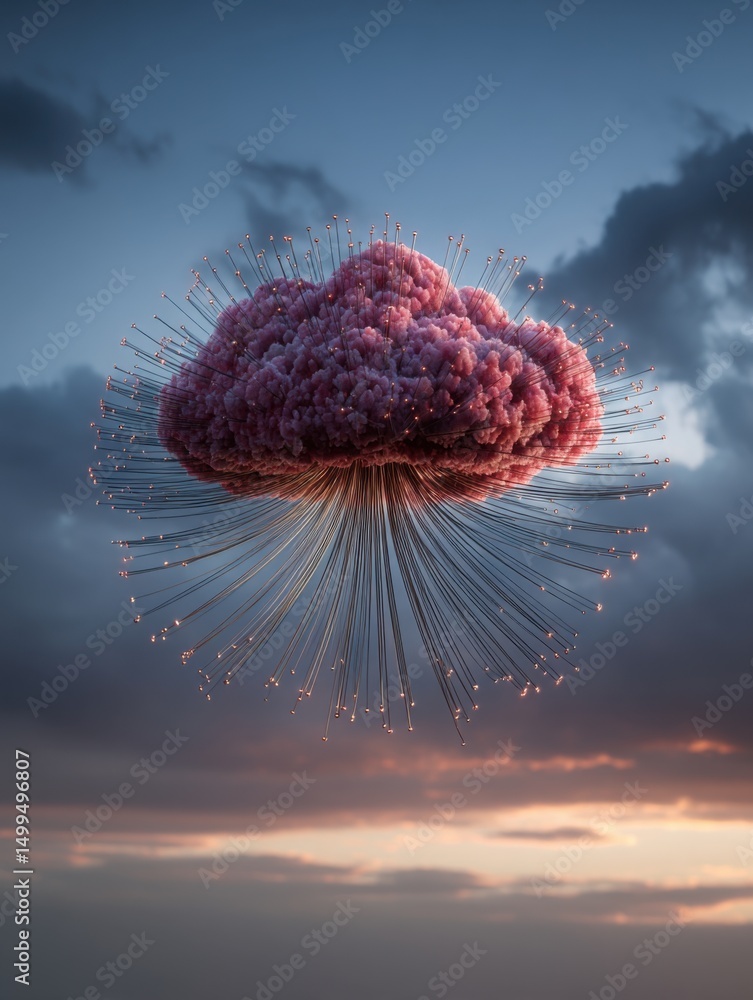 Poster Conceptual cloud computing network visualization against dramatic sunset sky abstract technology future innovation