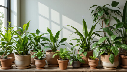 Indoor plants in sustainable clay pots create serene atmosphere, enhancing beauty of any space with their vibrant greenery and natural textures