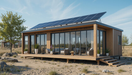 Obraz premium Modern modular home unit featuring solar panels, surrounded by natural landscape, exuding sense of sustainability and comfort