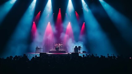 Energetic live concert scene with vibrant stage lights illuminating a captivated audience