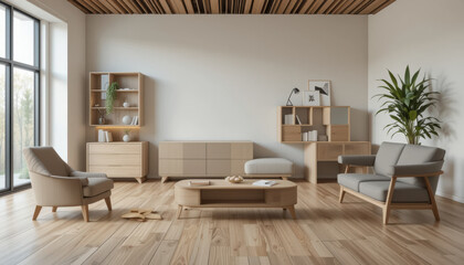 Modern modular furniture creates warm and inviting atmosphere in spacious living room with wooden floors and natural light