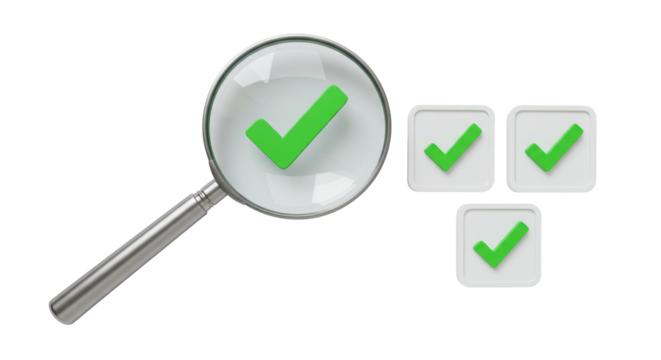 Isolated Magnifying Glass Examining Green Check Mark Icons