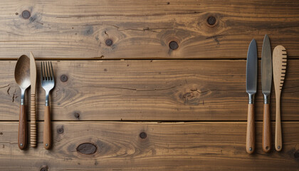 Reclaimed wood table with eco utensils, featuring wooden spoon, fork, knife, and spatula, creating rustic and sustainable dining experience