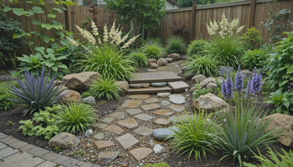 Serene rain garden design featuring native plants, rocks, and stone pathway creates tranquil outdoor space