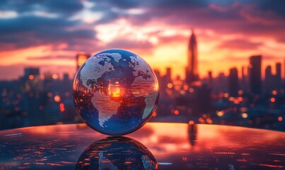 Globe reflecting city skyline at sunset