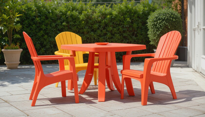 Bright outdoor scene featuring recycled plastic furniture, including vibrant orange table and colorful chairs, creating cheerful atmosphere