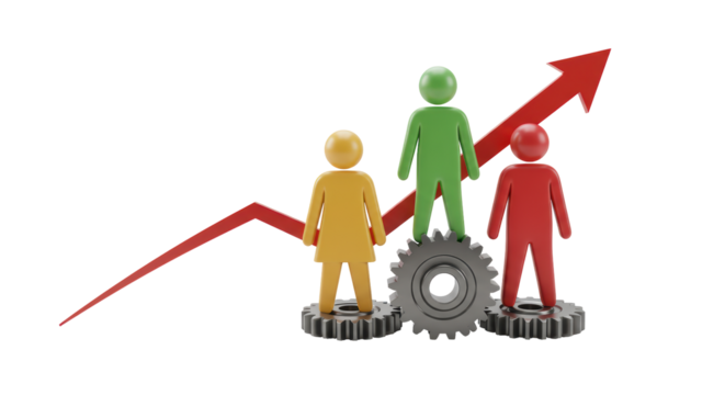 Isolated People Figures with Arrow on Gears