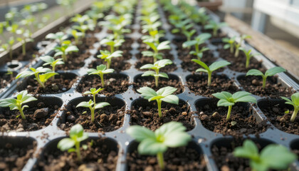Seedlings in soil filled trays under natural light, showcasing vibrant green growth and healthy development in nurturing environment