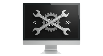 Isolated Computer Screen Displaying Wrenches and Code Symbols