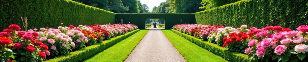 Fototapeta premium Elegant floral pattern in a meticulously designed formal garden Symmetrical flowerbeds, vibrant blooms, and manicured hedges create a stunning display of horticultural artistry , design, stems