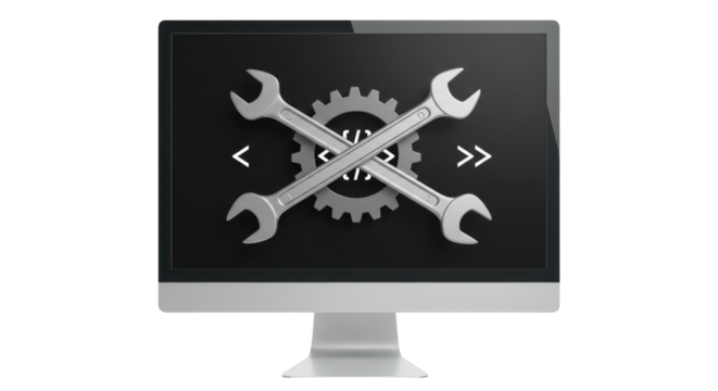 Isolated Computer Screen Displaying Wrenches and Code Symbols