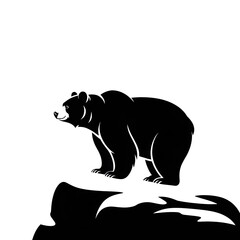 Obraz premium Black bear silhouette stands powerfully on a rocky outcrop against a stark white background showcasing strength and nature in a simple illustration design element.