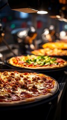 Freshly baked pizzas on display
