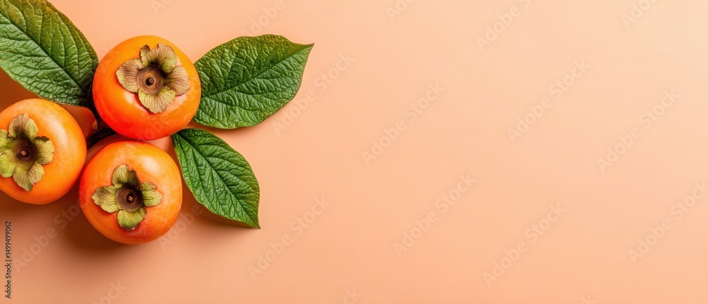 Poster overhead flat lay of fresh persimmon fruits with green leaves on peach background minimalist style f
