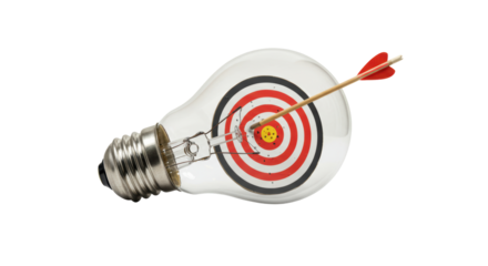 Isolated Light Bulb with Target and Arrow Hitting the Center