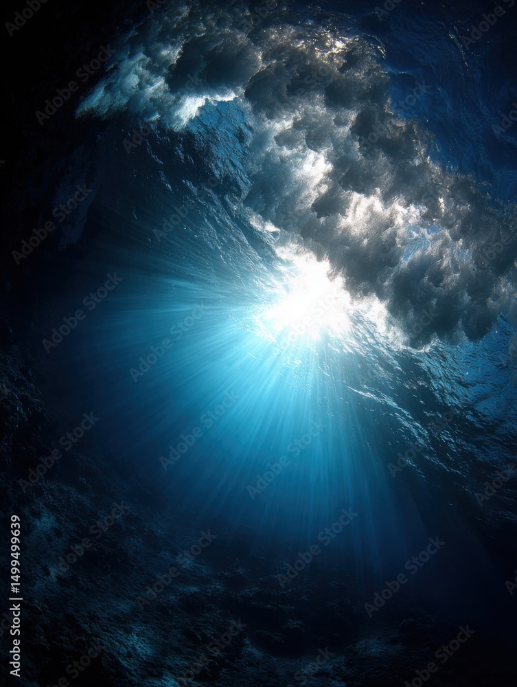 Poster underwater view of wave breaking with sun rays shining through the water surface in a tropical ocean