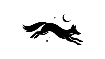 Obraz premium Black silhouette of a fox leaping gracefully under a crescent moon and twinkling stars against a pristine white background evokes nature and mystery.