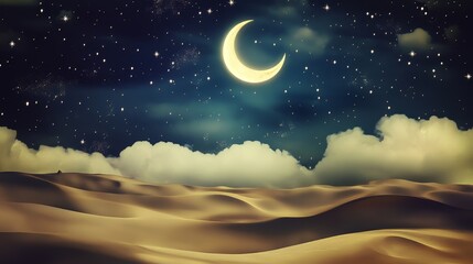 The sky is dark and cloudy, with a crescent moon shining brightly in the middle. The clouds cover the entire sky, creating a moody and mysterious atmosphere. Islamic background, Muslim postcard.