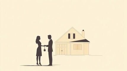 silhouette of man and woman exchanging house keys in front of new home. real estate concept. homeownership, moving, relocation, property acquisition. print design, brochure, advertisement.