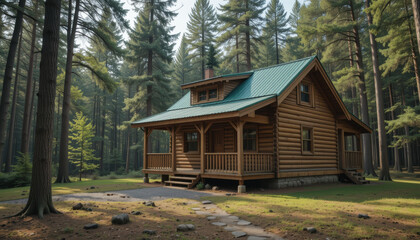 Charming wooden cabin with green roof nestled in serene forest clearing, surrounded by tall trees and natural beauty