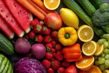 Vibrant Assortment of Fresh Produce Overhead Shot Displaying Watermelon Strawberries Carrots and Colorful Vegetables