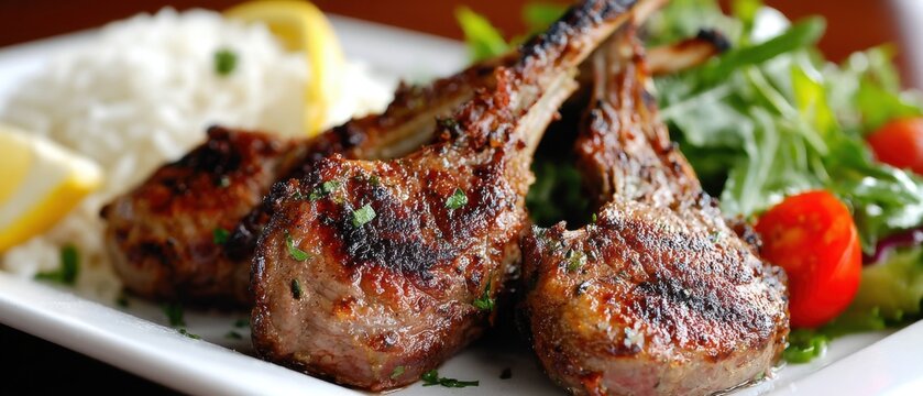 Grilled Lamb Chops Served with Rice and Salad Close Up Food Photography Restaurant Delicious Meal Cuisine