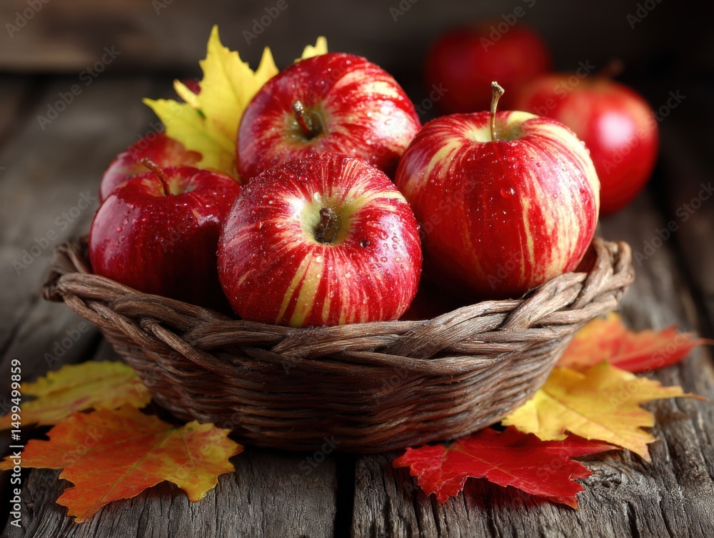 Poster fresh red apples in a basket with autumn leaves on rustic wood surface still life close up shot