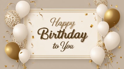 Elegant birthday card with golden and white balloons, confetti, and festive decorations. Celebrate special day with luxury style.