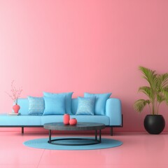 Stylish living room interior design featuring a light blue sofa against a pink wall in a modern home setting