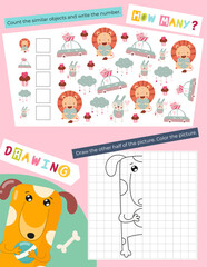 Cute Animals Activity Pages for Kids. Printable Activity Sheet with Animals Mini Games – How many, finish picture. Vector illustration.