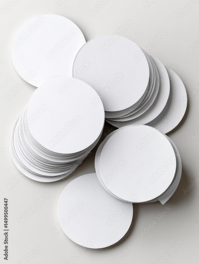 Poster minimalist overhead shot of stacked white round paper coasters on neutral background for branding mo