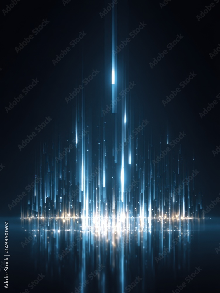Poster abstract light streaks rising from surface with reflections digital art style in dark blue backgroun