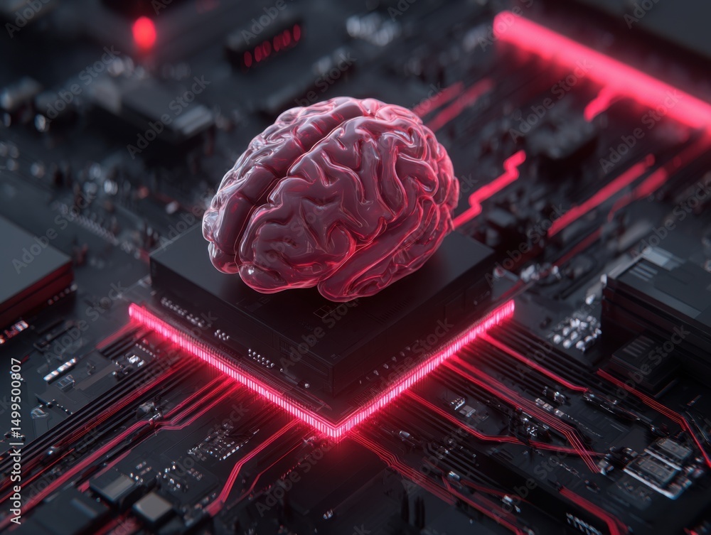 Poster Artificial intelligence brain on computer chip close up futuristic technology concept studio shot